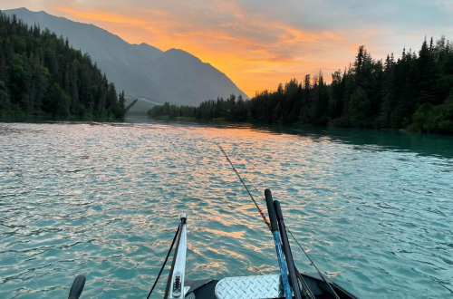 A boat glides along the Kenai River during sunset, depicting the peaceful conclusion of a day filled with guided fishing trips and natural beauty.
