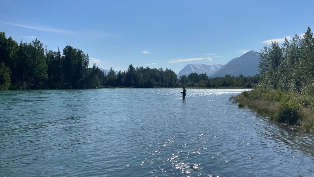 An angler fishing on the Kenai River on a bright day.