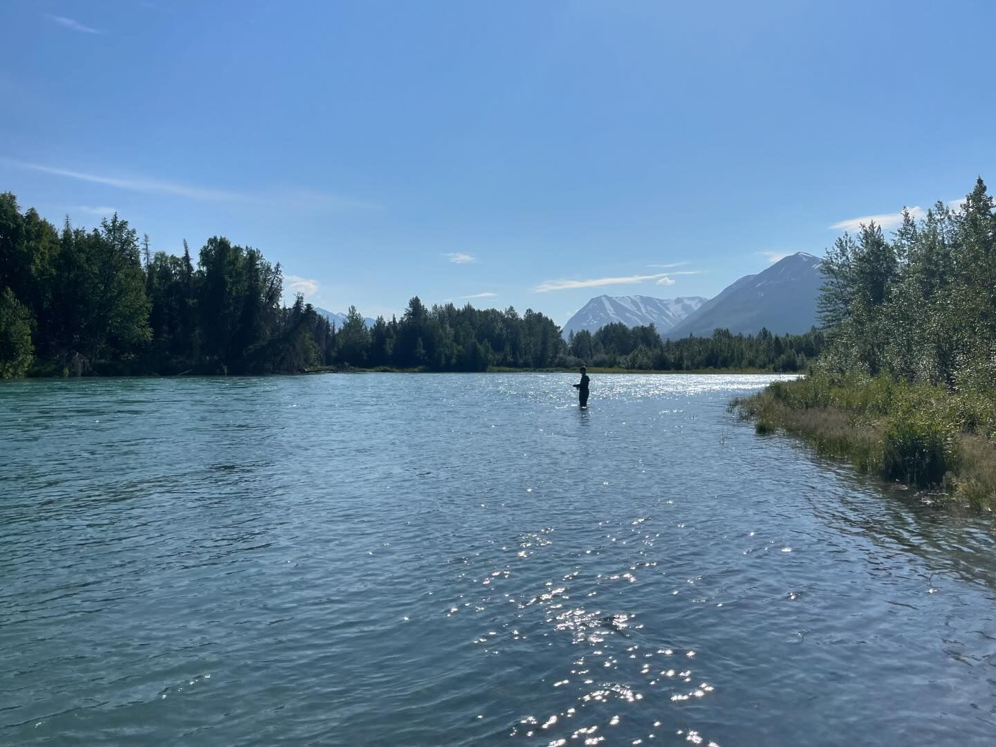 An angler fishing on the Kenai River on a bright day.